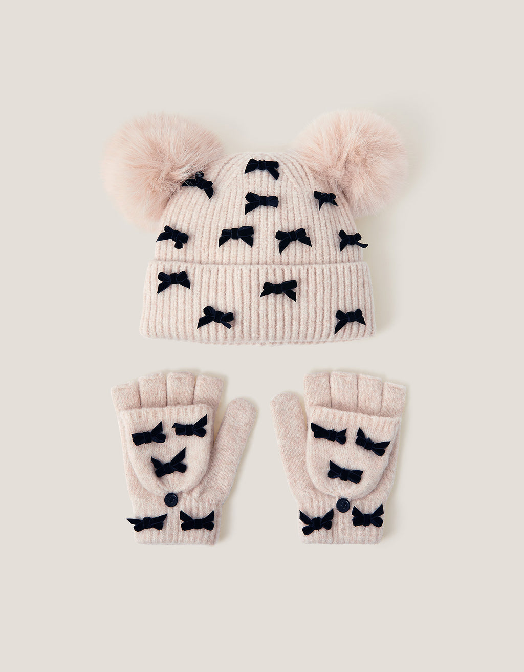 SET KAPA I RUKAVICE - OATMEAL BOW POM HAT SET