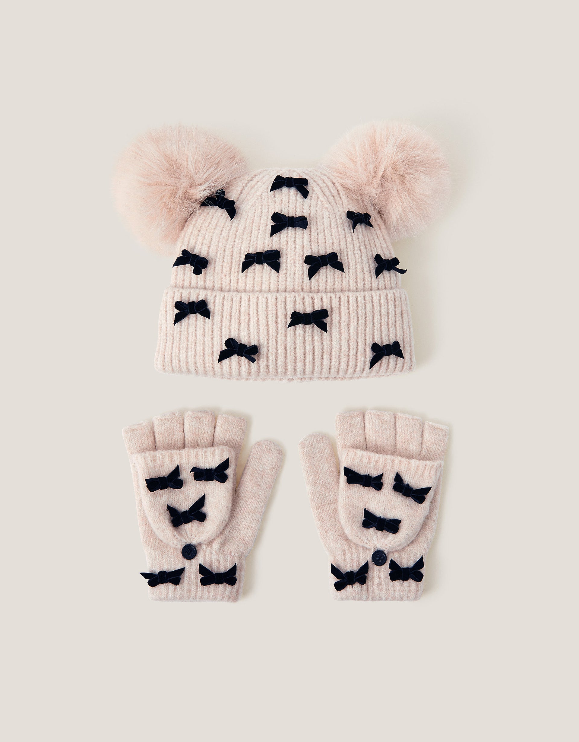 SET KAPA I RUKAVICE - OATMEAL BOW POM HAT SET