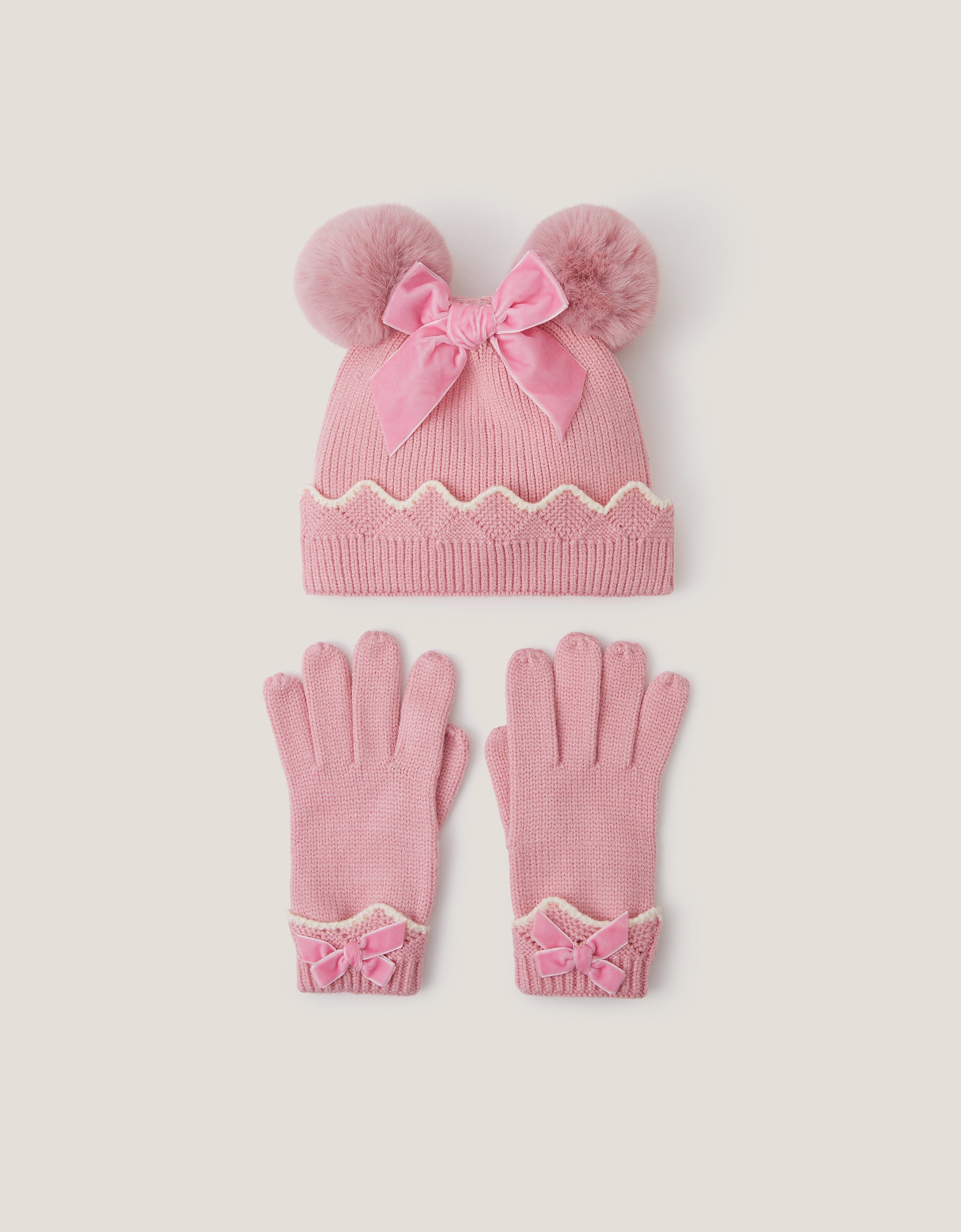SET KAPA I RUKAVICE - PINK SCALLOP BOW HAT SET
