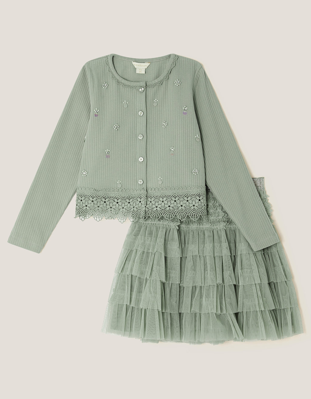 SET - EMB RIB CARDI MESH SKIRT