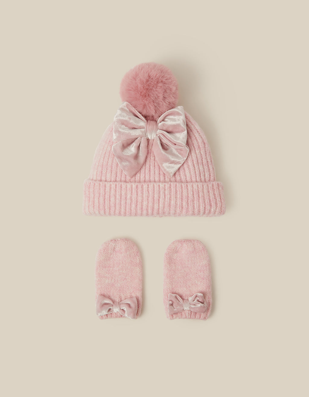 SET KAPA I RUKAVICE - BABY PINK BOW HAT & MITTN