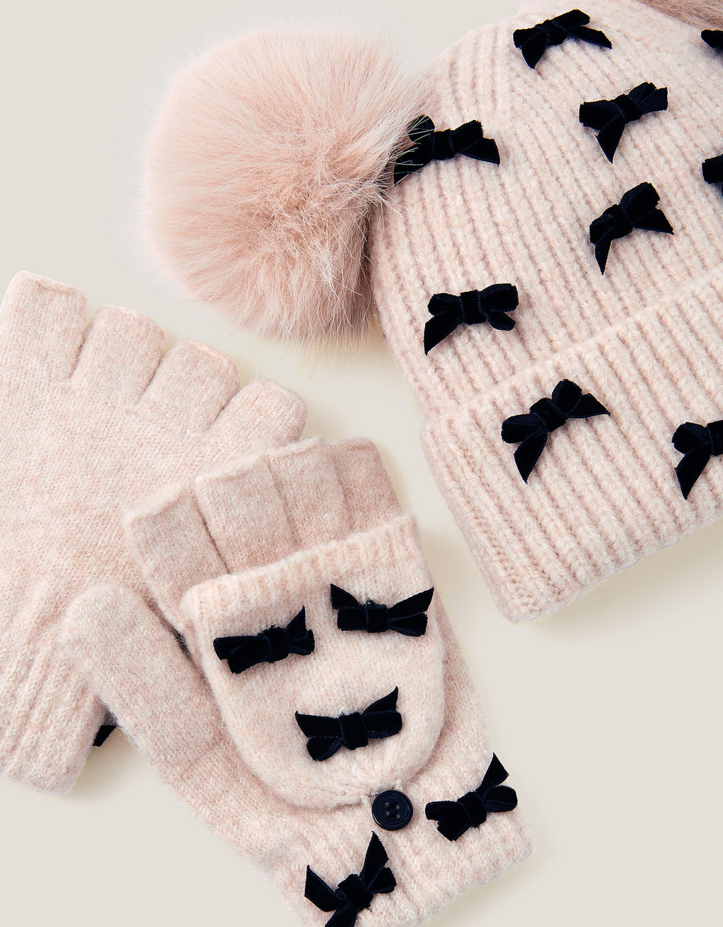 SET KAPA I RUKAVICE - OATMEAL BOW POM HAT SET