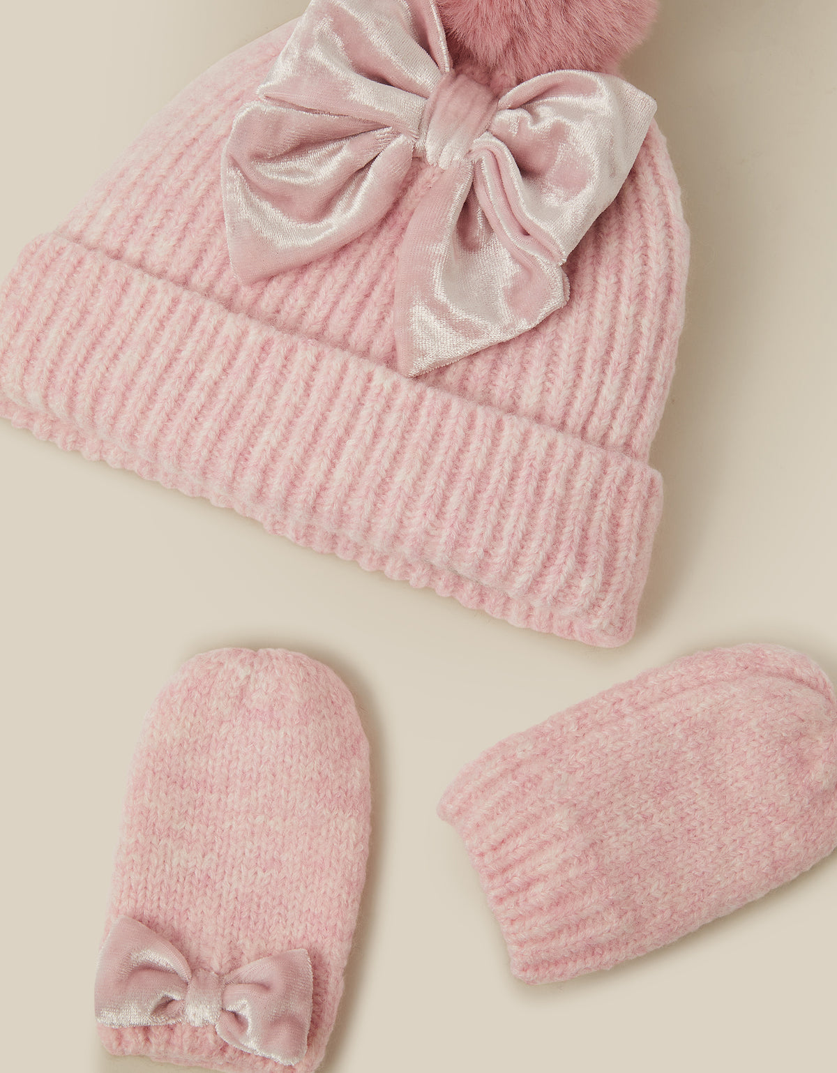 SET KAPA I RUKAVICE - BABY PINK BOW HAT & MITTN