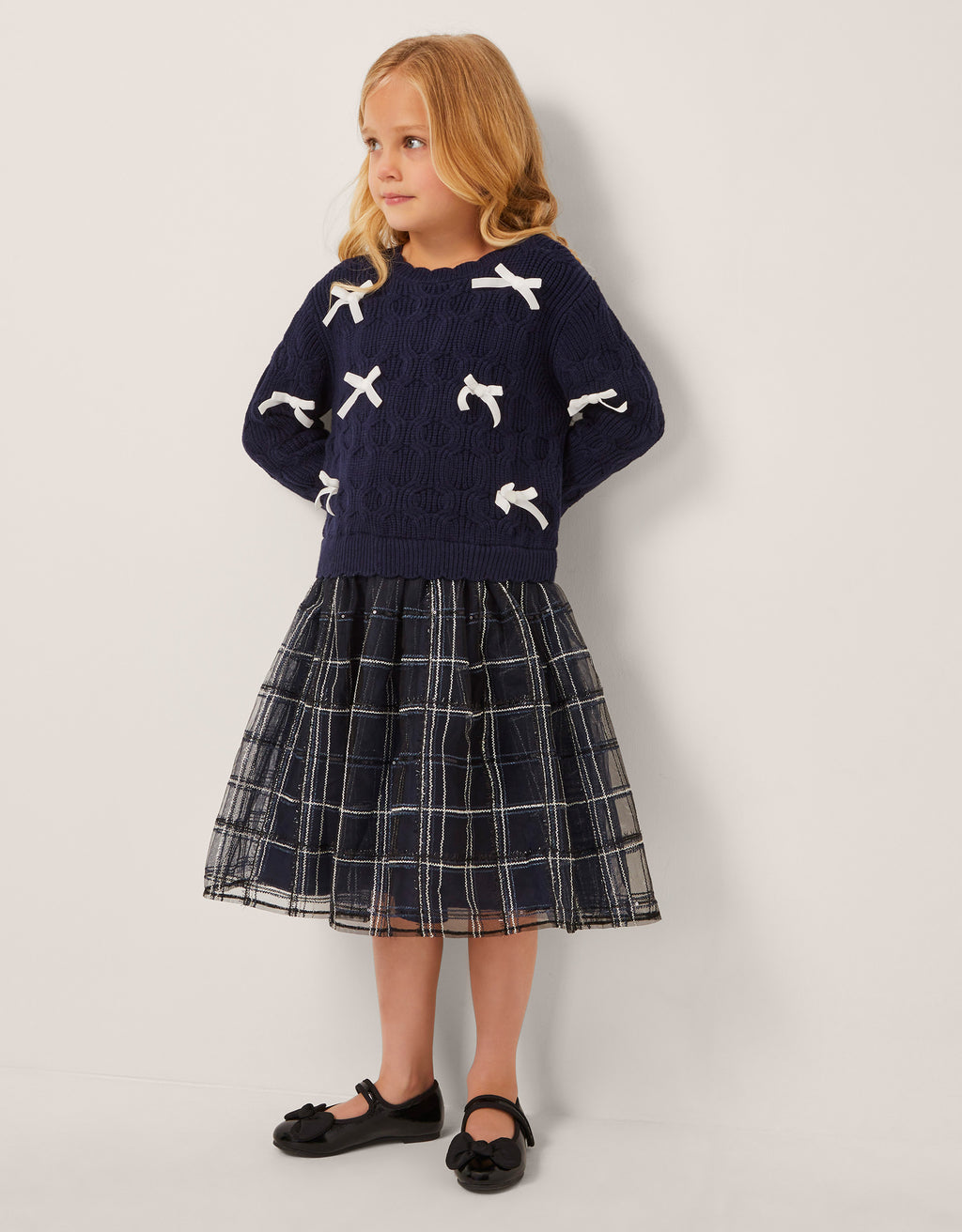 HALJINA - BOW KNIT 2IN1 CHECK DRESS