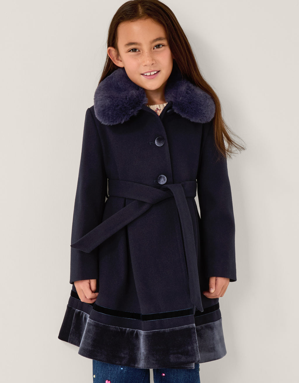 KAPUT - NAVY VELVET TRIM COAT