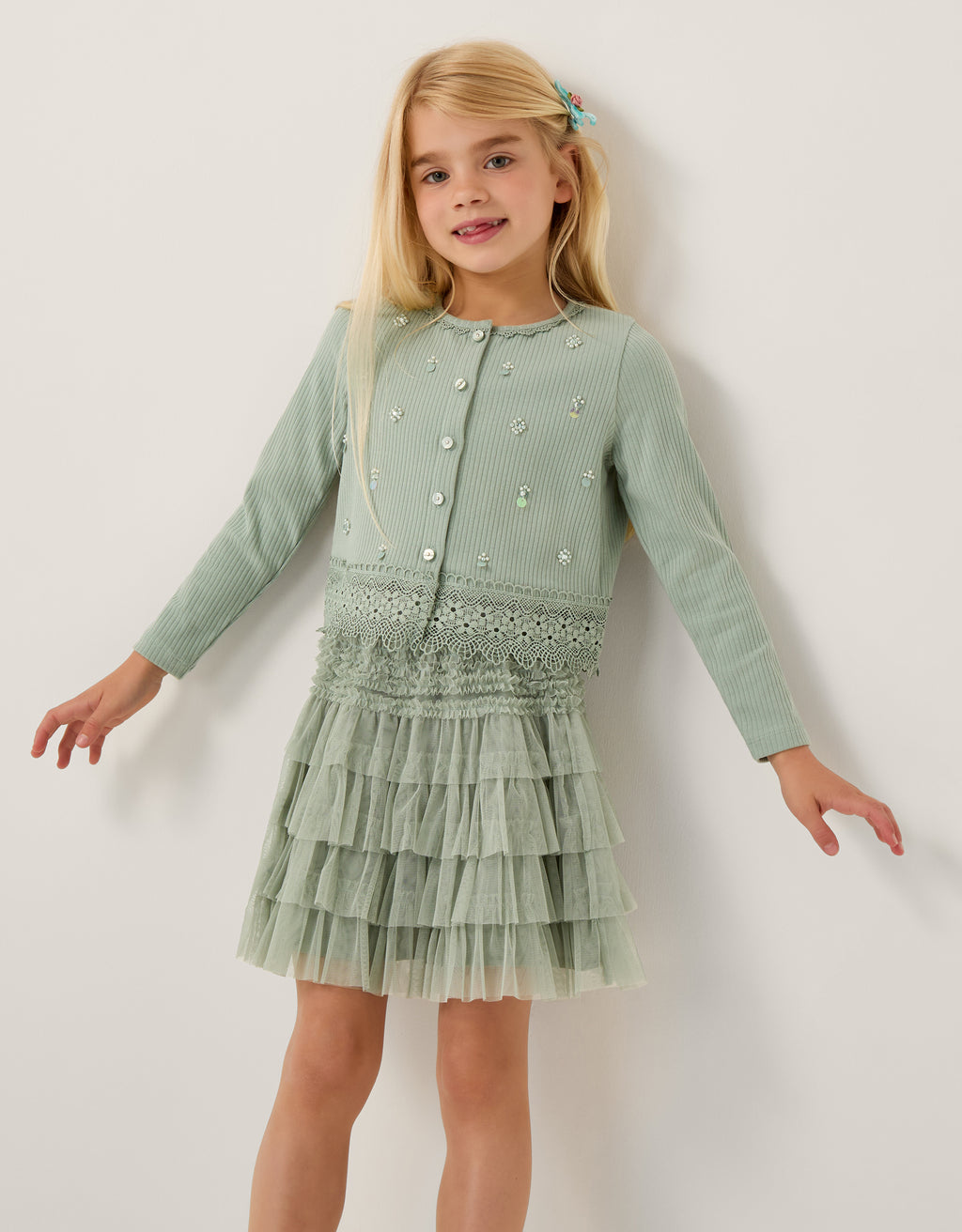 SET - EMB RIB CARDI MESH SKIRT