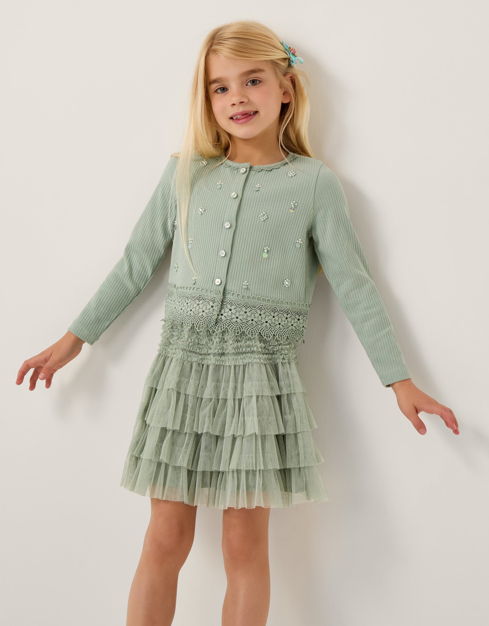 SET - EMB RIB CARDI MESH SKIRT