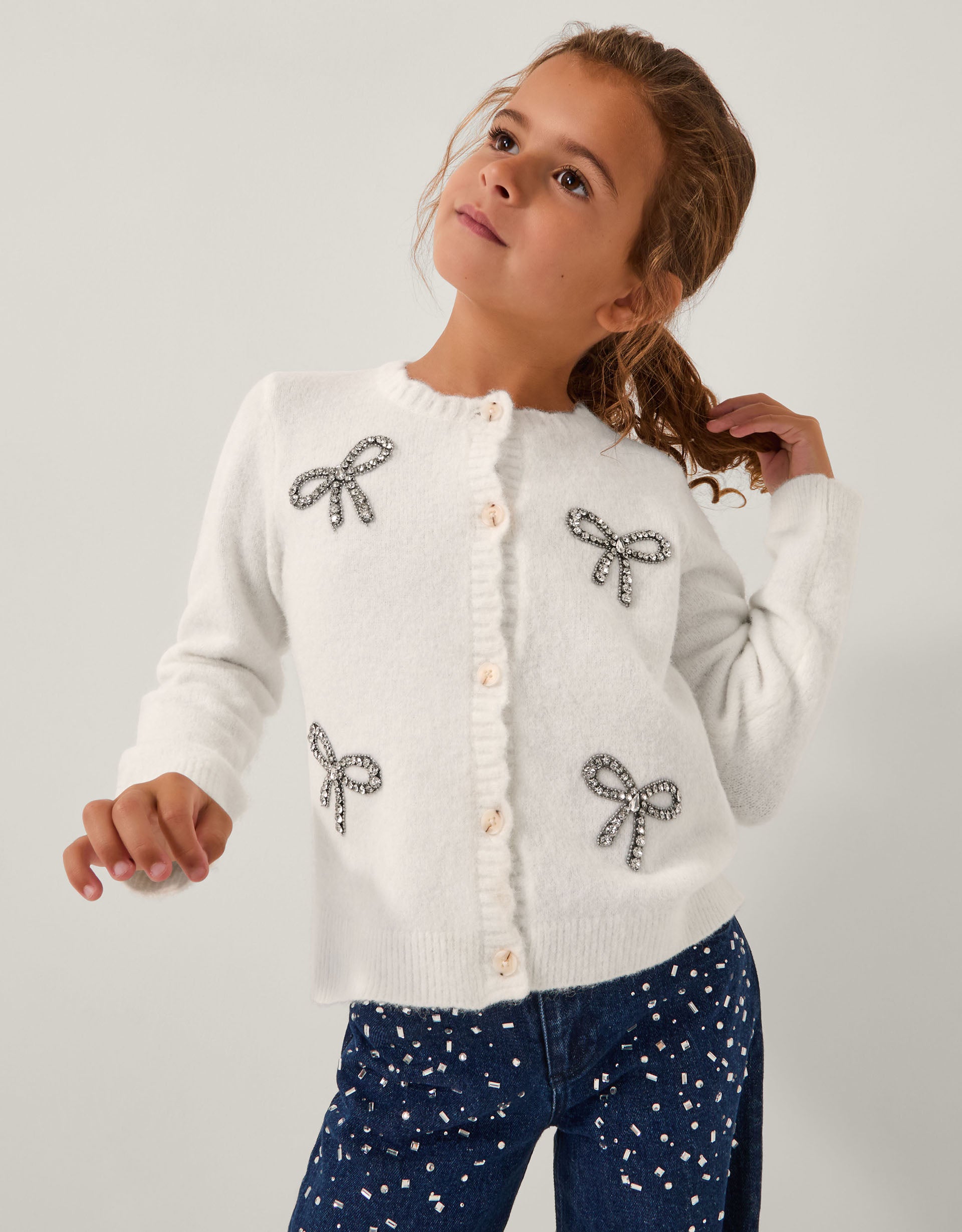 KARDIGAN - IVORY HOTFIX BOW CARDIGAN
