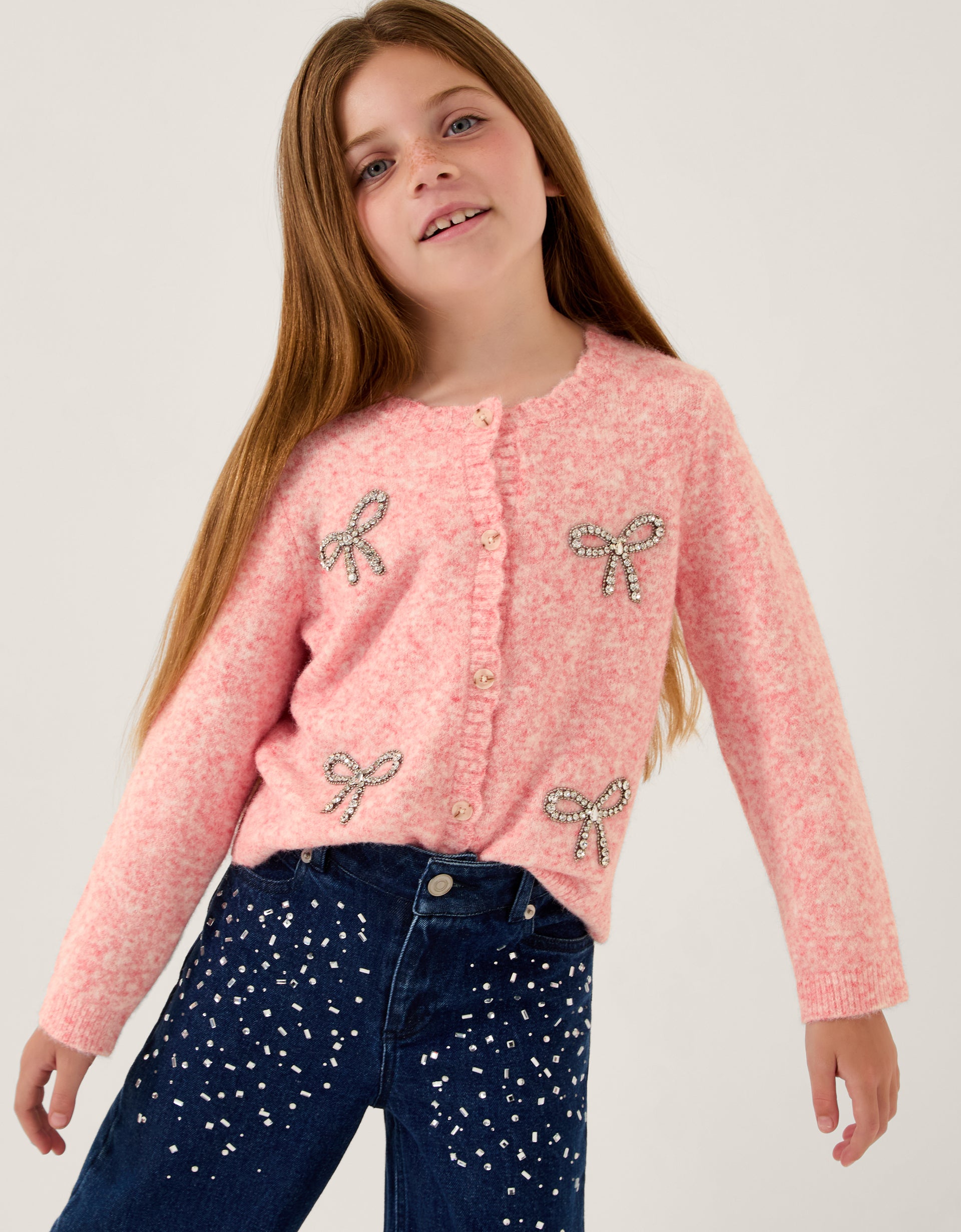 KARDIGAN - PINK HOTFIX BOW KNT CARDI
