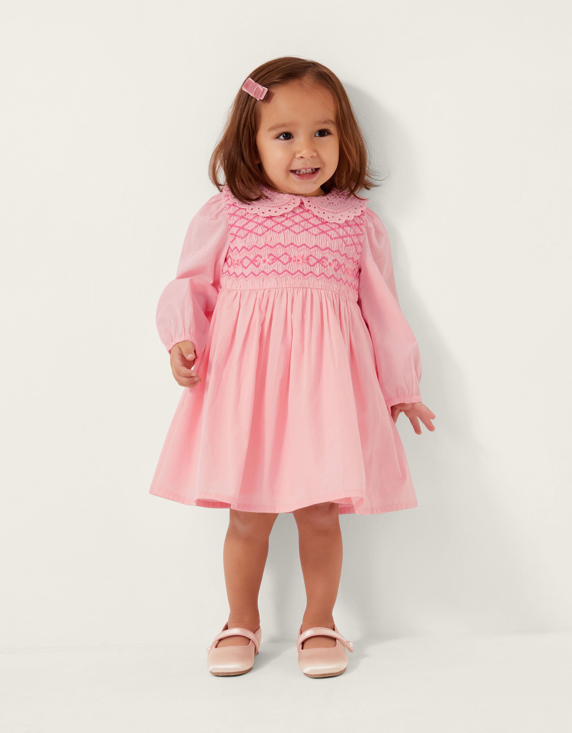 HALJINA - BABY PINK EMB SMOCK DRESS