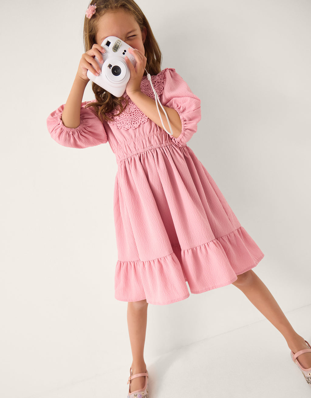 HALJINA - PINK CROCHET YOKE DRESS