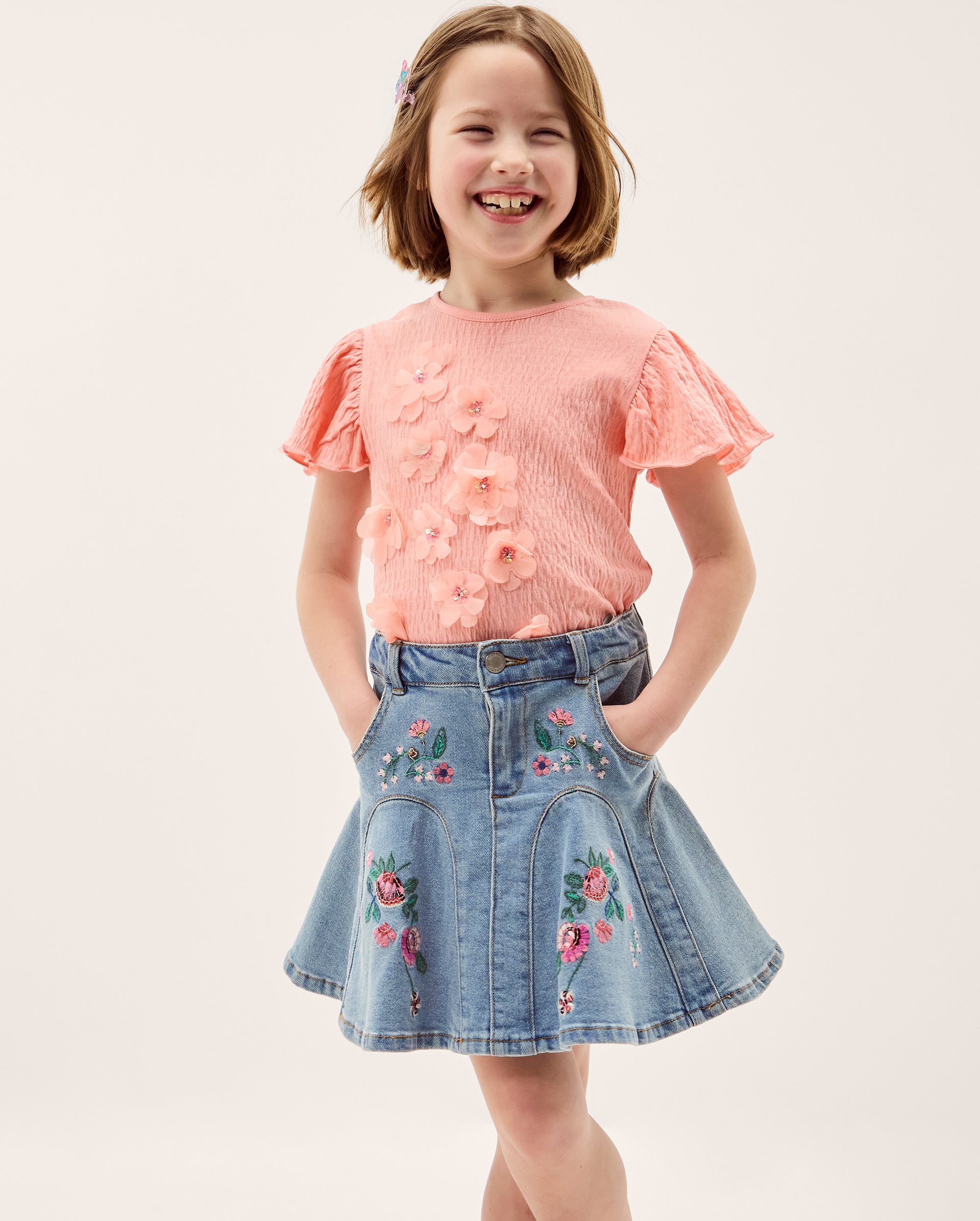 SUKNJA - DENIM EMB GODET SKIRT