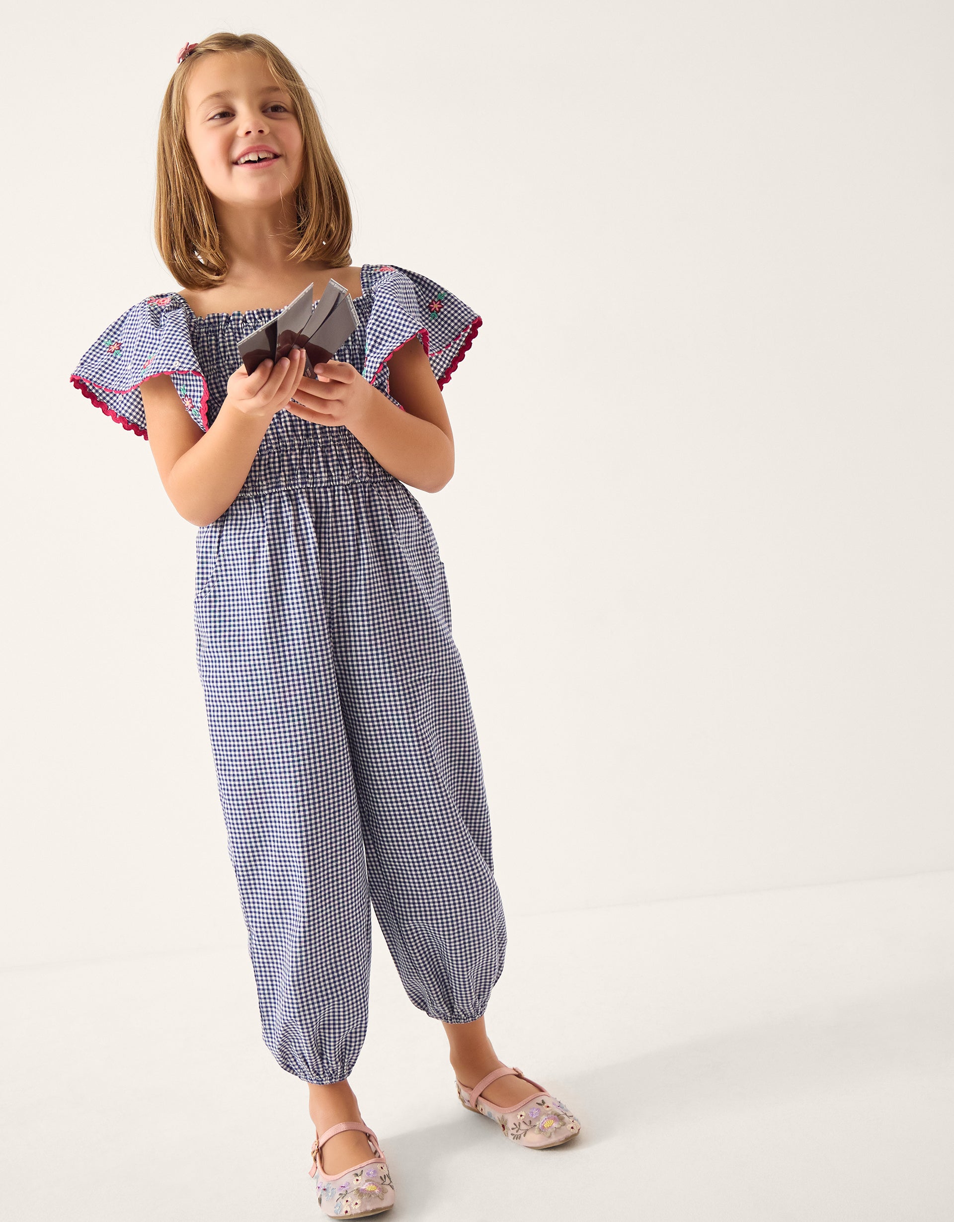 KOMBINEZON - GINGHAM SHIRRED JUMPSUIT