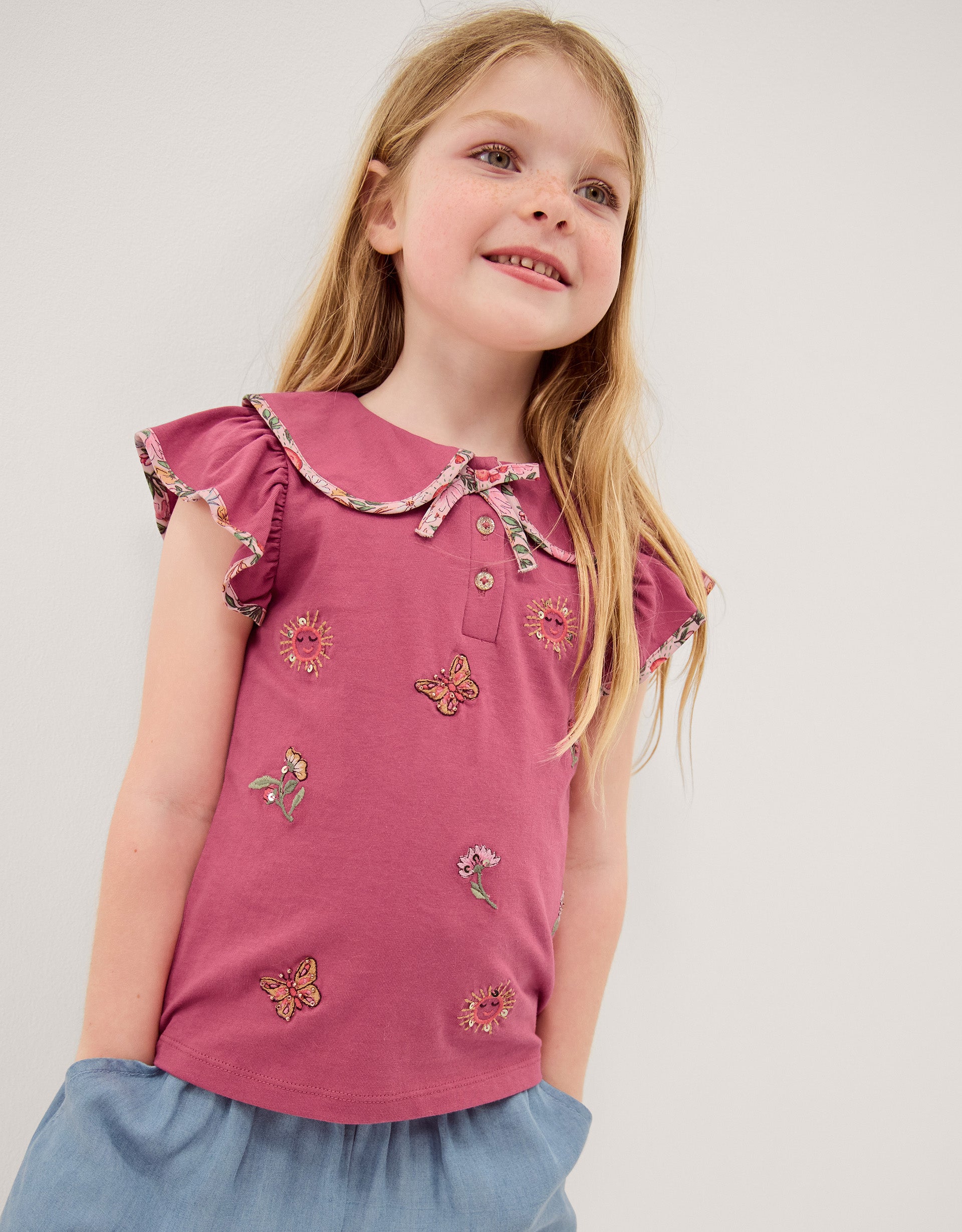 MAJICA - SS FLORAL EMB COLLAR TSHI