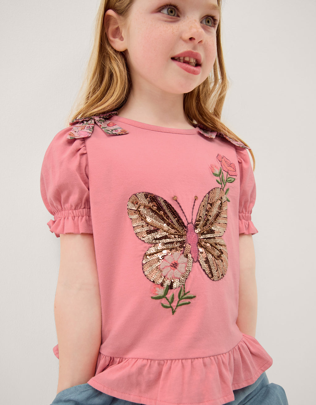 MAJICA - SS PEPLUM BEADED BUTTERFL