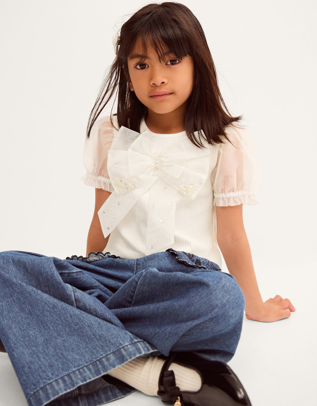 BLUZA - SS PEARL ORGNZA BOW TSHIR