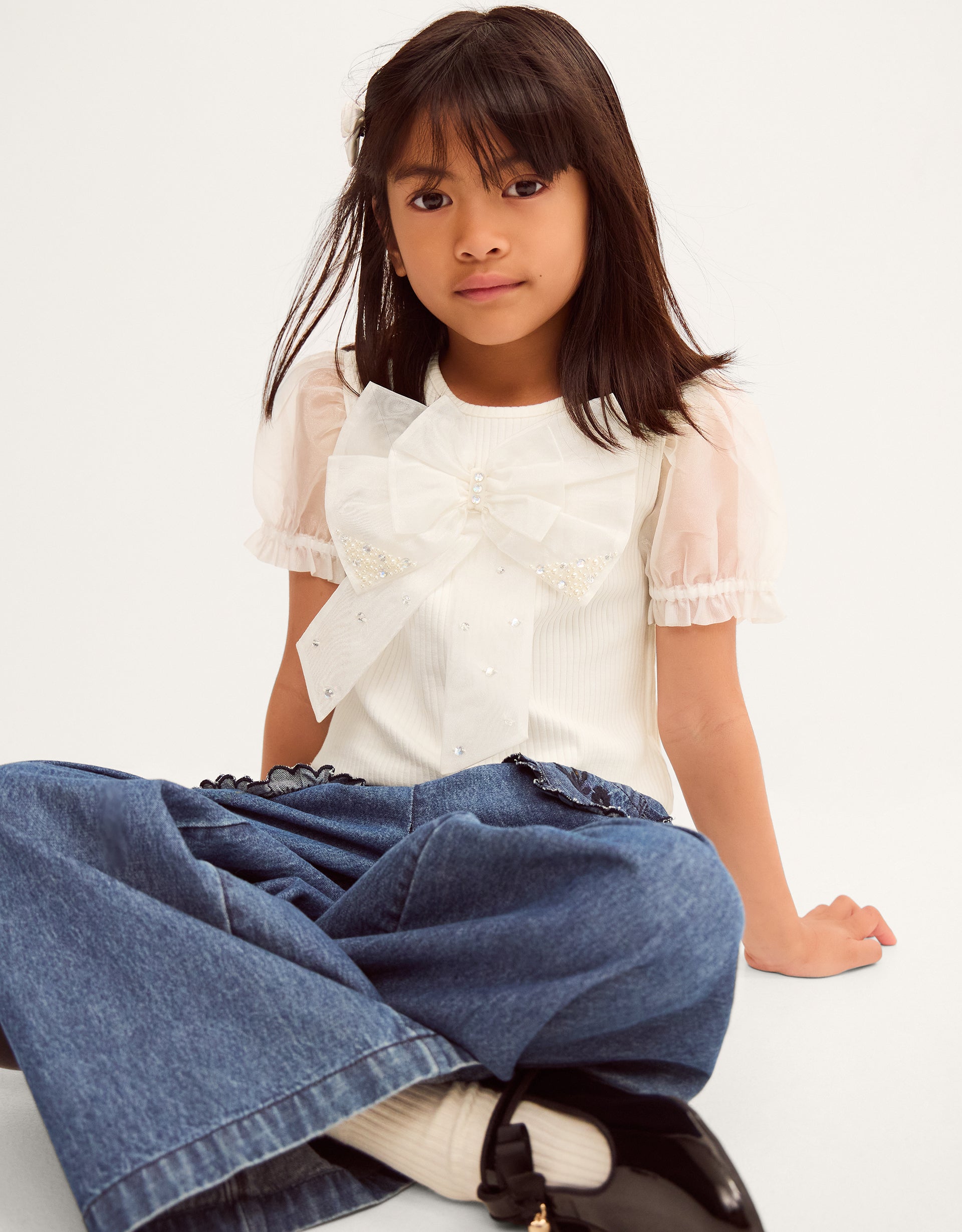 BLUZA - SS PEARL ORGNZA BOW TSHIR