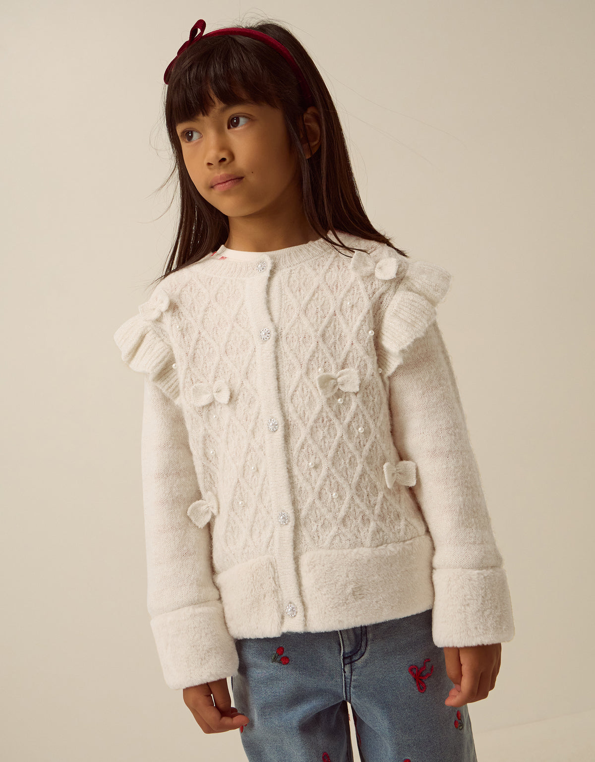 KARDIGAN - 3D BOW FUR TRIM CARDIGAN